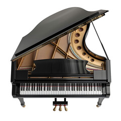 A black grand piano with keys visible, viewed from the top, on a transparent background