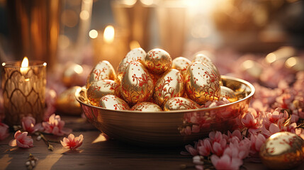 Easter Eggs In Golden Bowl With Candles and Pink Flowers On The Table Focus on Foreground