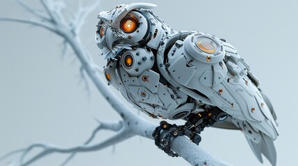 robotic owl perched on a smooth white branch - obrazy, fototapety, plakaty