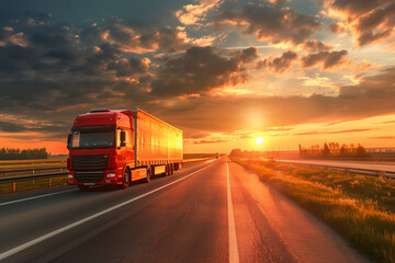 Semi-truck on highway at sunrise, ideal for logistics and transportation themes.