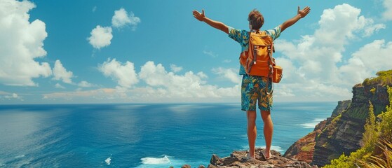 A man clutching a backpack and dressed in shorts and a Hawaiian shirt lifted his arms, happy that he was standing on a steep precipice.