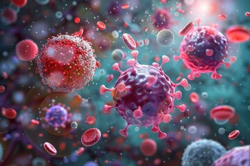 Microenvironment concept with virus cells, T-Cells, nanoparticles, microenvironment normal cells, molecules, and blood vessels