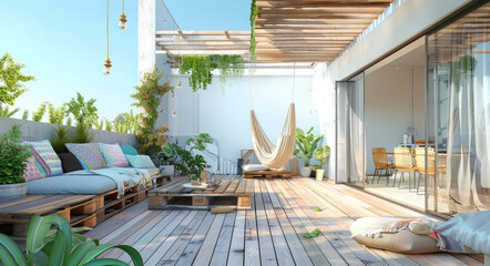 The wooden terrace of the house is decorated with white wood pallets, surrounded by green plants and flowers. The terrace has large sliding doors that open up to reveal an outdoor dining area and loun