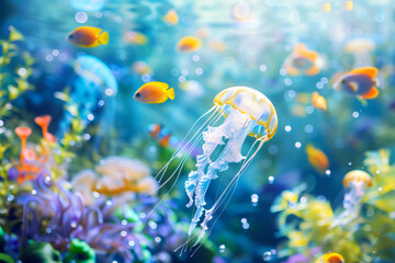 Colorful underwater scene with jellyfish and tropical fish.