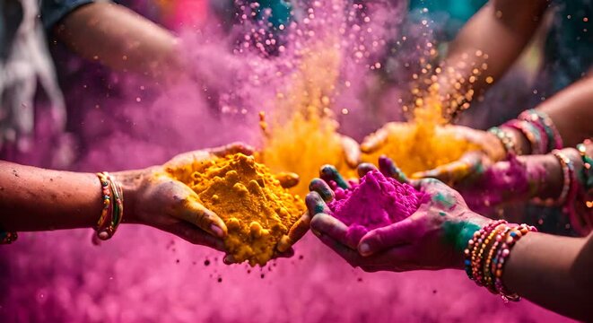 Hands with holi powder. Holi festival.	
