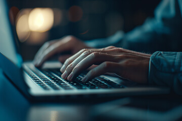 Close-up of adult hands typing on laptop keyboard at night, ideal for technology and business themes.