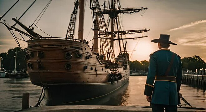 European explorer next to a ship.	
