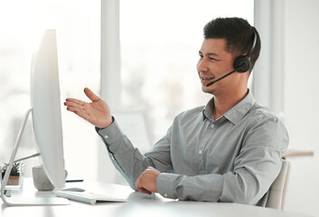 Man, smile and customer support for crm, call center and technology service agency. Consultant, computer and telemarketing company with conversation, happiness and workplace operator with headset