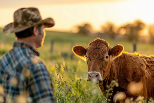 A vibrant scene of a farmer tending to cattle during a veterinary check-up, focusing on animal health, space for text at the bottom