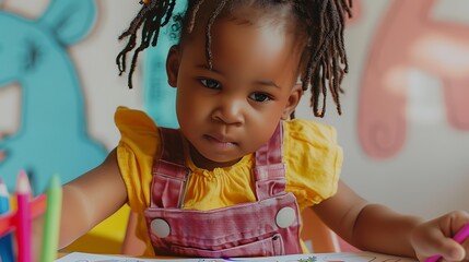 Photo of an African American toddler coloring with crayons