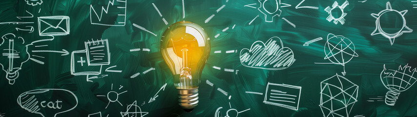 Bright Light Bulb with Creative Sketches and Ideas on Green Chalkboard