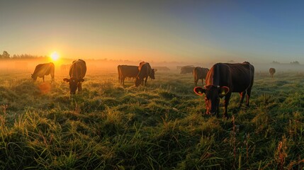 Cows graze in a meadow covered with dew and morning mist. And in the background is the sunrise.