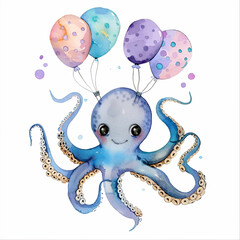 Cute watercolor baby Baby octopuses with air balloons, on white background