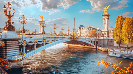 Alexandre III bridge and Seine river in Paris France. - obrazy, fototapety, plakaty