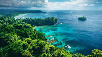 Obraz premium A panoramic view of a long, pristine beach stretching towards the horizon, flanked by lush green hills and crystal-clear turquoise water