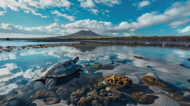 Sea turtle in wide angle lens of Galapagos Islands