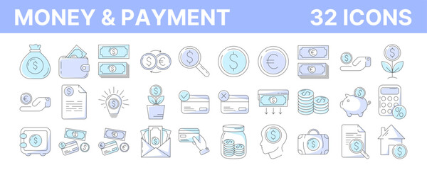 Money and payment methods, outline icon set. Editable stroke and color. Business and finance collection with cash, coin, banking, card, exchange, saving, transaction symbol. Vector illustration