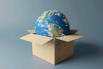 Ordering goods or products online that can be sent around the world, product delivery that uses technology to help Increase speed and reduce costs to be more efficient, globe in box - obrazy, fototapety, plakaty