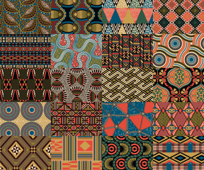 Traditional ethnic African fabric patchwork wallpaper abstract vector seamless pattern for fabric shirt carpet card cloth tablecloth pillow rug