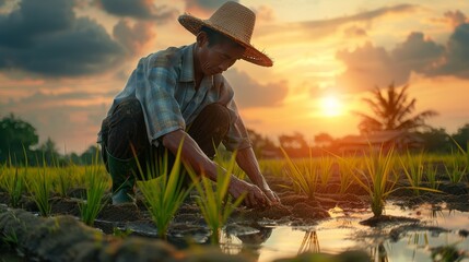 Visualize a rice farmer engaging in the early morning planting of rice, efficient and serene on an isolated background, space for messages - obrazy, fototapety, plakaty