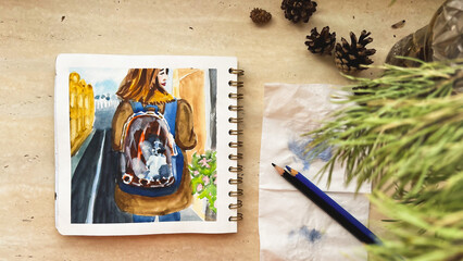 Hand drawn watercolor sketch with happy girl carrying transparent bag with puppy. Journaling with watercolours. Aquarelle drawing. Bright illustration. Soft focus. film grain pixel texture. Defocused.