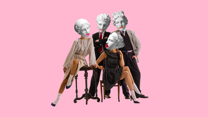Four people, men and women with antique statue heads s wearing elegant stylish clothes, attending party. Contemporary art collage. Concept of creativity, retro and vintage style, imagination - obrazy, fototapety, plakaty