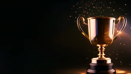 Winner trophy with flames, golden champion cup with falling confetti on dark background	
