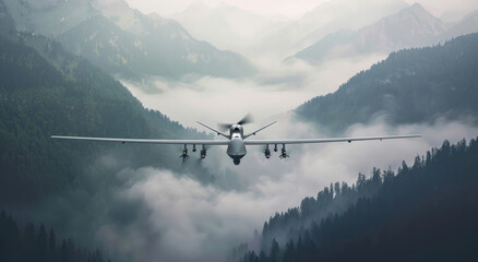 A sleek military drone soaring above the forest, capturing the distant mountains and clouds in high definition with its camera - obrazy, fototapety, plakaty