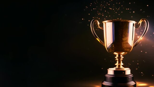 Winner trophy with flames, golden champion cup with falling confetti on dark background	
