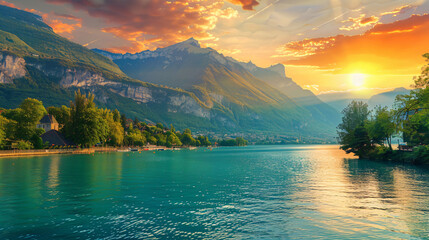 Annecy lake in Alps mountains at sunset France.