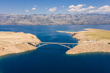 Pag, Croatia: Aerial view of the bridge linking the Pag island to the Dalmatian coast in mainland...