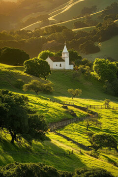 Nestled atop a gentle slope, amidst a patchwork of vibrant green fields and rolling hills, stands a quaint and charming small church. 