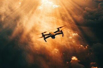 A small tactical drone flying through a beam of sunlight breaking through thick clouds, symbolizing the search for clarity amidst chaos - obrazy, fototapety, plakaty