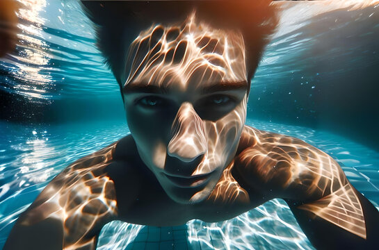 Un hombre buceando haci&eacute;ndose una foto bajo el agua clara y azul de una piscina con causticas.