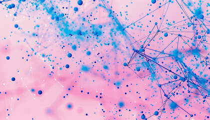 Neon blue dots and lines span a blush pink canvas, evoking digital beauty. - obrazy, fototapety, plakaty