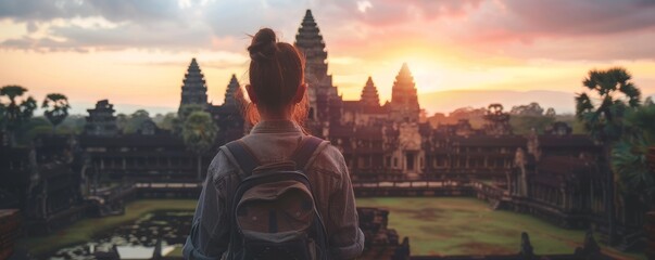 The golden sunrise surrounds a solitary backpacker at Angkor Wat, creating a majestic scene. - obrazy, fototapety, plakaty
