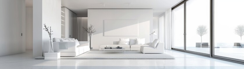 3d render of a modern living room with white walls and furniture