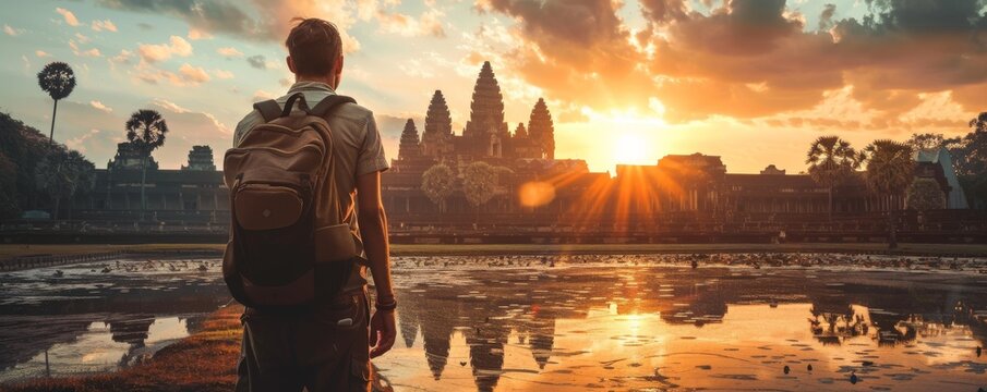 A backpacker alone before Angkor Wat as the golden sunrise casts a serene glow over the temple.