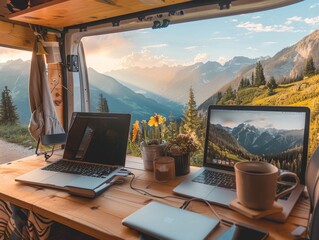A cozy workspace in a van with a view of the mountains.