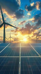 A field of solar panels and wind turbines at sunset.