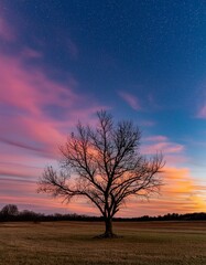 Fototapeta na wymiar Starlit Silence: Leafless Tree Centered in Vivid Night Sky