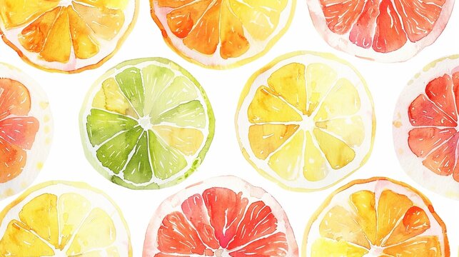 Summertime fruit watercolor background. Slices of orange, pink grapefruit, lime and lemon fruits isolated on a white background