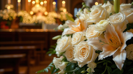 White roses and lilies at a solemn funeral ceremony in a church.