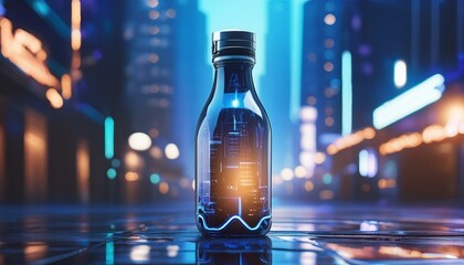 Fototapeta premium A futuristic botale (robotic bottle) in a cyberpunk cityscape, glowing with neon lights.