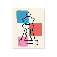 Chess poster design. Chess pieces in one line style vector illustration.