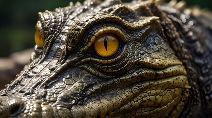 Fototapeta premium Close up of the yellow eye crocodile. Amazing animal planet ideas concept.generative.ai