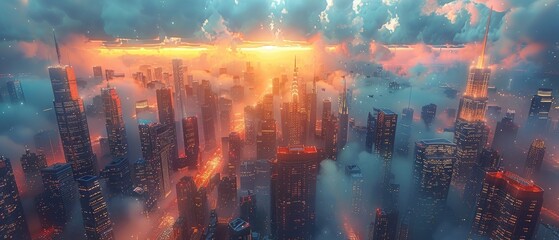 Autonomous flying taxis navigating between skyscrapers in a densely populated sci-fi metropolis, under a dynamic digital sky - obrazy, fototapety, plakaty