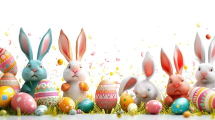 An adorable collection of colorful Easter bunnies surrounded by vibrantly decorated eggs against a bright backdrop with festive confetti