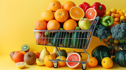 Shopping Cart Filled With Various Fruits and Vegetables