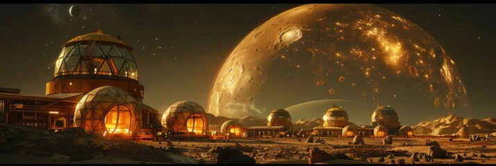 Eco-friendly space colony on Mars, with geodesic domes for agriculture, solar arrays, and water recycling systems